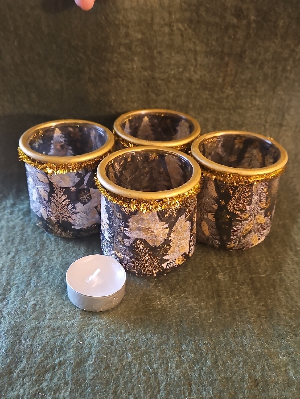 Festive Black & Gold Pine Tree Decopaged Jars/Votive Holders w/Candles. Qty 4 - Picture 4 of 7